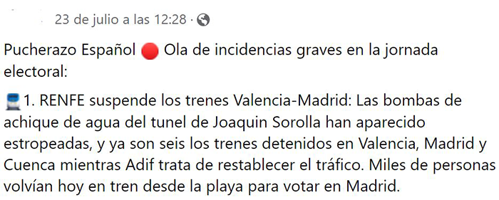 Tweet on Trains stopped in Valencia